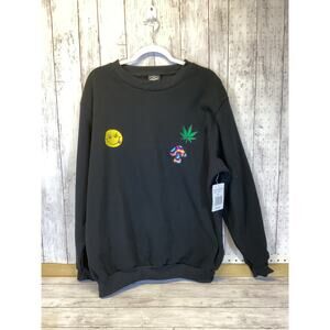Original Deluxe Supply Black Graphic Sweatshirt - Trippy Mushroom Smiley Leaf L